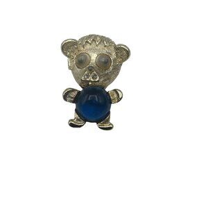 Vintage Gold Tone Blue Belly Teddy Bear Brooch Pin Googly Eyes Costume Jewelry
